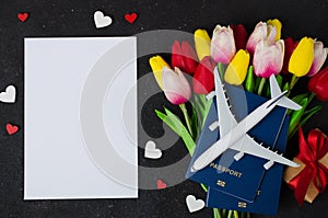 Holiday Travel Planning. Travel concept with airplane model, passports, blank paper, bouquet tulips and gift box