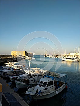 Holiday trip to Crete, Greece. Summer. Port. Pier