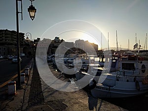 Holiday trip to Crete, Greece. Summer. Port. Pier