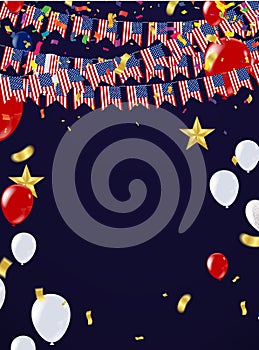 Holiday USA decorations, New Birthday celebration with ribbon balloon background vector Illustration with confetti for parties or
