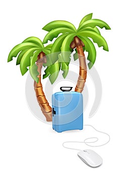 Holiday vacation suitcase mouse concept. Palm tree with suitcase. Vector illustration