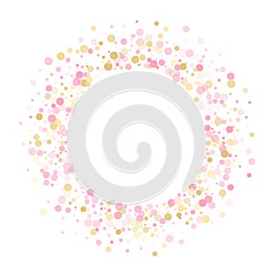 Holiday vector decor. Gold, pink and rose color round confetti dots, circles scatter on white. Fashionable bokeh background