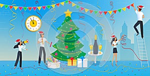 Holiday Vector illustration of group of business people are preparing for the Christmas party and decorating Christmas tree