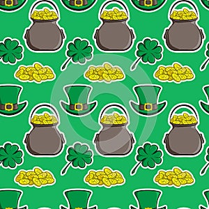 Holiday vector seamless pattern St. Patrick s Day. Quatrefoil clover, leprechaun hat, pot of gold and a handful of coins