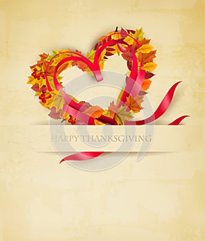 Holiday Vintage Happy Thanksgiving Background. Autumn colorful forest leaves, berries,