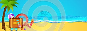Holiday, web banner design with view of a beach, palm tree, travel bags, flipflops and traveling elements.