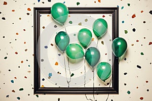 Holiday white frame or mockup background with confetti and golden balloons..