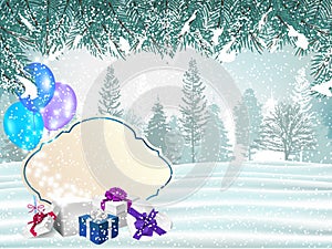 Holiday winter background with presents and magical gift box