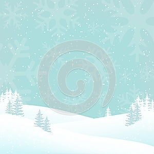 Holiday winter landscape background with falling snow. Shining landscape background with trees and snowflakes.