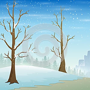 Holiday winter landscape with falling snow and naked trees