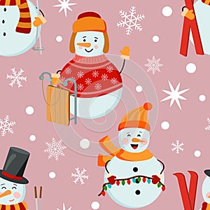 Holiday winter snowmen seamless pattern on pink background