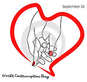 Holiday World Contraception Day. Hands inside the heart. Mans palm hugs the womans palm. Gestures - Tenderness, love and
