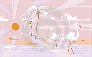 Holiday your dreams. Stylish vector illustration on vacation. Pink islands with flamingos amid clouds