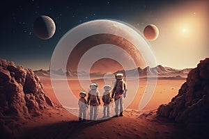 Holidaying in planet Mars. Digital illustration created using Generative AI