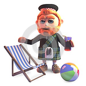 Holidaying Scottish man in kilt with deckchair and drink, 3d illustration