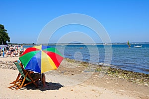 Holidaymakers on Studland Bay beach.