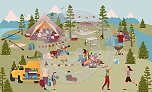 Holidaymakers in summer camp flat vector illustration. Friends, students on vacation in mountains. Families with children, couples