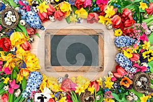 Holidays background with chalkboard. Spring flowers and easter e