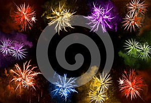 Holidays banner. Colorful fireworks dark night sky. Happy New Ye