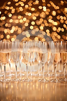Holidays celebration. Champagne flutes with sparkling wine on golden bokeh lights background. Peach fuzz Color of Year 2024