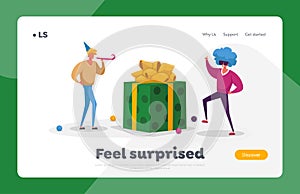 Holidays Celebration Landing Page Template. Cheerful Men Characters in Funny Hat and Periwig Celebrate Holiday