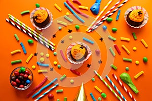 Holidays, decorations and party concept - Halloween cupcakes and candies