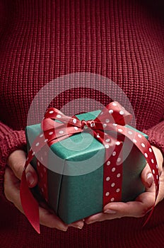 Holidays gift box with big red bow in female hands