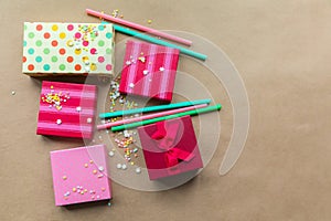 Holidays giftboxes on the craft paper background