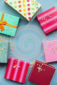 Holidays giftboxes on the mint background for mother`s da