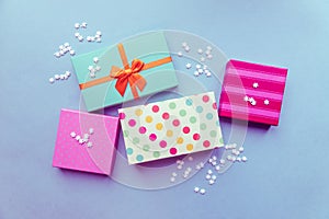 Holidays giftboxes on the mint background for mother`s da