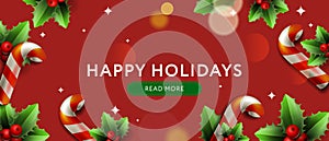 Holidays header background with border of realistic looking Christmas candy canes and holy berry
