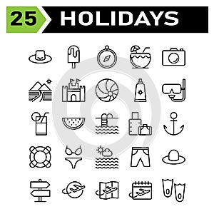Holidays icon set include hat, fashion, beach, cap, holiday, trip, ice cream, dessert, cold, navigation, compass, direction,