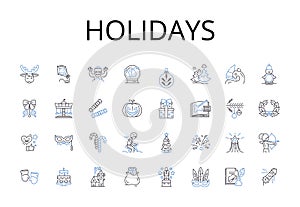 Holidays line icons collection. Vacations, Getaways, Festivals, Celebrations, Breaks, Retreats, Time off vector and