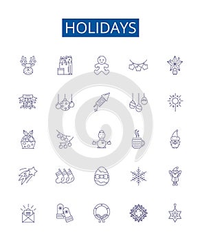 Holidays line icons signs set. Design collection of Vacation, Festive, Trip, Break, Celebratory, Restful, Fun, Joyful