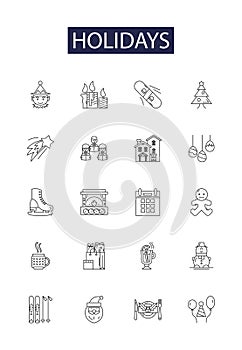 Holidays line vector icons and signs. Breaks, Retreats, Respite, Festivity, Celebrations, Getaways, Outings, Celebrates