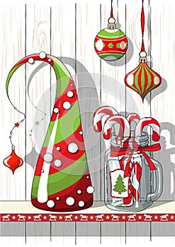 Holidays motive, Christmas decorations with abstract cone tree and glass jar with candy canes, illustration