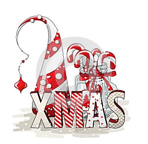 Holidays motive, letters XMAS with abstract cone tree and glass jar with candy canes, illustration