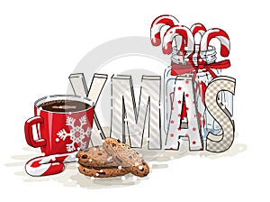 Holidays motive, letters XMAS, glass jar with candy canes, red cup of coffee and chocolate cookies, illustration