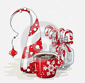 Holidays motive, red cup of coffee with abstract cone tree and glass jar with candy canes, illustration