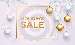 Holidays Sale white poster banner golden luxury Christmas balls