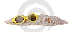 Holidays and sand beach. Sunglasses and shell on white background with copy space