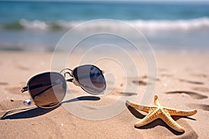 Holidays. sand beach, sunglasses and starfish