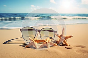 Holidays. sand beach, sunglasses and starfish