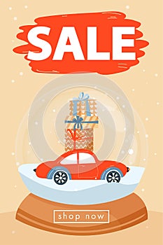 Holidays shopping. Christmas and Happy New Year sales poster. Snow globe with car and gifts.