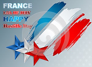 Holidays template with grunge, brush texture on national flag colors for France Independence Day