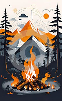 Holika Dahan poster illustration with big bonfire, tourist trekking with big bonfire, bonfire in nature, vector illustration,
