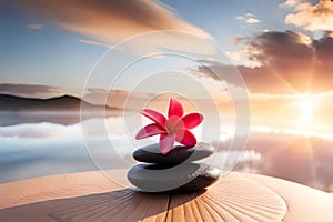 Holistic health concept of zen stones with deep red plumeria flower on blurred background. Text body mind soul Ai generated