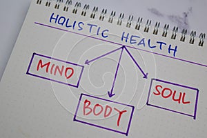Holistic Health write on a book with keywords isolated wooden table