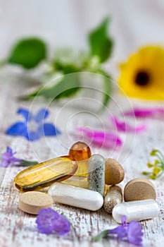 Holistic medicine approach. Healthy food eating, dietary supplements,