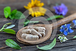 Holistic medicine approach. Healthy food eating, dietary supplements, healing herbs and flowers. wooden background, c.